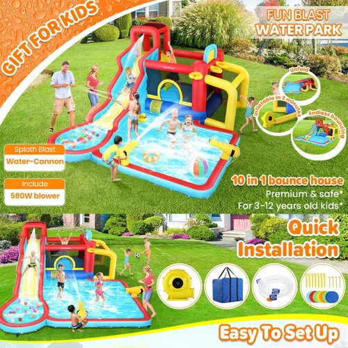 Vista 10 de AKEYDIY Casa de rebote de tobogán acuático, 13 × 12.5 pies, tobogán acuático inflable para niños grandes de 8 a 12 y 3 a 10 años, toboganes