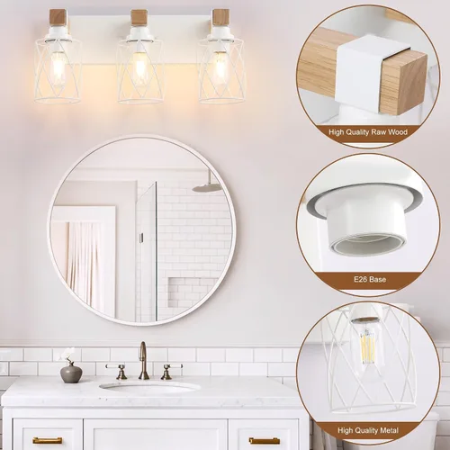 Vista 2 de Farmhouse 3-Light Wood Bathroom Vanity Light, White Metal Cage Shade