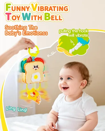 Vista 3 de Jollybaby Juguete de Vibración para Bebé con Tirón - Juguetes Sensoriales Colgantes para Tiempo Boca Abajo para Asiento de Carro, Cochecito, Cuna
