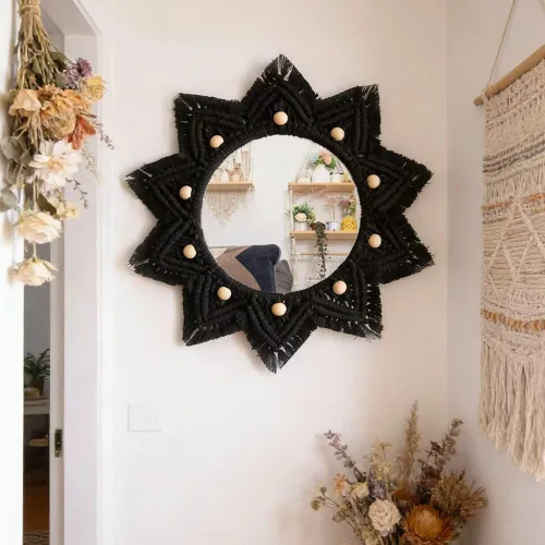 Vista 8 de TENEWEE - Espejo de pared colgante redondo de macramé bohemio Handmade woven, black, wall hanging HD glass; entryway, bedroom, apartment, hallway