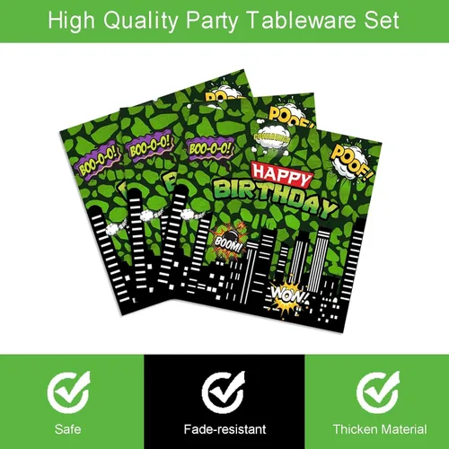 Vista 4 de Vajilla de cumpleaños de superhéroe ninja para niños, 24 invitados Juego de servilletas y tenedores de platos de papel, desechables, impermeables