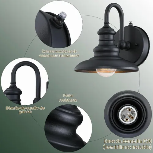 Vista 5 de LONEDRUID Aplique de Pared Exterior con Sensor de Anochecer a Amanecer Negro Luminarias de Granero con Cuello de Ganso Impermeables de Estilo Granja