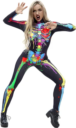 Vista 2 de Selowin - Overol para disfraz de Halloween con estampado de esqueleto, traje de gato