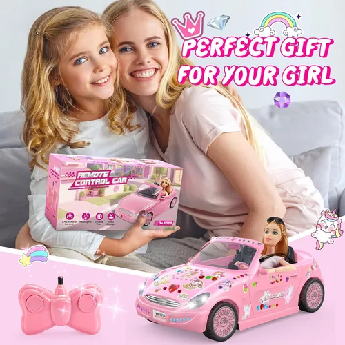 Vista 7 de Conjunto de coche y muñeca RC rosa, baterías recargables juguetes