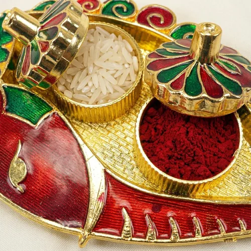 Vista 2 de LOVENSPIRE Ganesh Shankh Haldi Kumkum Holder Roli Chawal/soporte de arroz Festival indio Rakhi Pooja Thali Pooja Regreso Regalo de inauguración