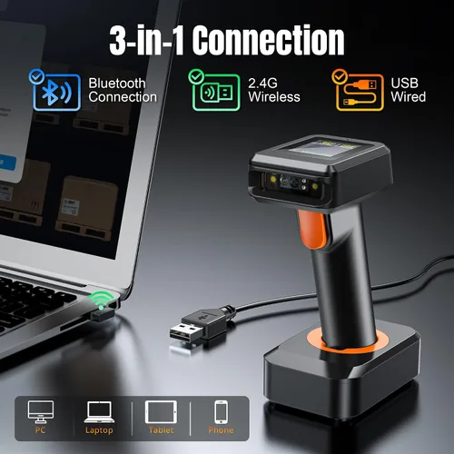 Vista 6 de Tera Pro 1D 2D QR Escáner de código de barras inalámbrico con pantalla de visualización del nivel de batería, visualización del tiempo, funciona