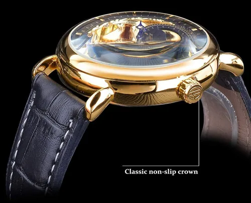 Vista 4 de Relojes automáticos para hombre, reloj de esqueleto Tourbillon dorado, fase lunar, impermeable, de acero inoxidable