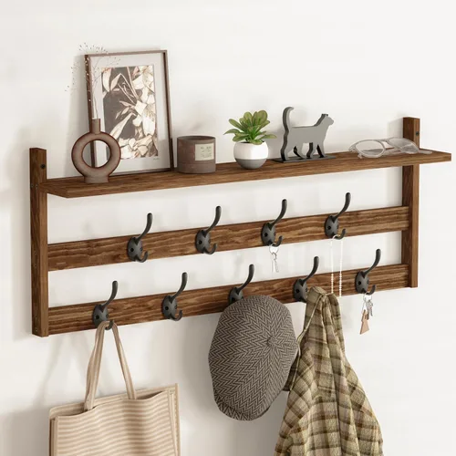Vista 8 de AMBIRD Ganchos de pared con estante de 73.4 cm Entrada de pared con estante, ganchos para abrigos de madera, perchero de pared con estante