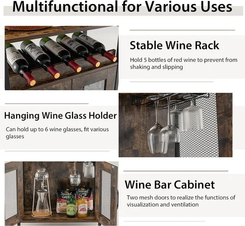 Vista 5 de Giantex Armario industrial para licores con soporte para vidrio, estante extraíble para vino, 2 puertas de malla metálica, aparador pequeño
