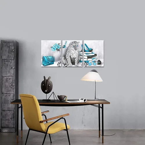 Vista 3 de Visual Art Decor Arte de pared turquesa y gris, pintura de leopardo, impresiones en lienzo para dormitorio de niñas, decoración de pared de baño, 12