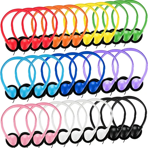 Vista 11 de Paquete de 10 auriculares para niños a granel para el aula escolar, auriculares multicolor con cable para estudiantes, auriculares ajustables
