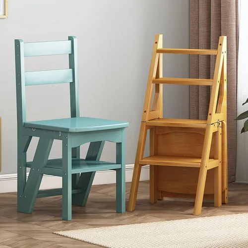 Vista 2 de Silla plegable de madera para biblioteca, 2 en 1, taburete ligero portátil multifuncional, taburete de 4 escalones de doble propósito, soporte