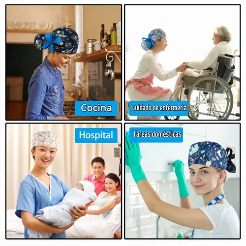 Vista 6 de Gorras médicas para mujer, gorras para enfermeras, gorra de trabajo ajustable, bolsa de cola de caballo, sombreros con lazo en la espalda