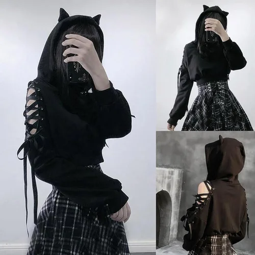 Vista 4 de Aniywn Sudadera con capucha para adolescentes y niñas, con orejas de gato, estilo gótico, de manga larga, informal, sin botones, para mujer
