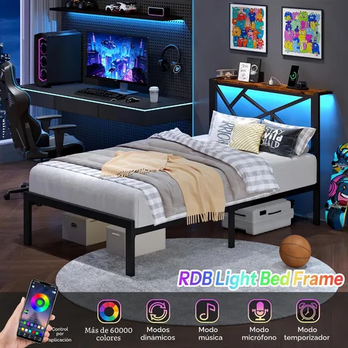 Vista 3 de DynJest Marco de cama de metal tamaño individual con luces LED, cabecera con almacenamiento y estación de carga, moderna cama de plataforma