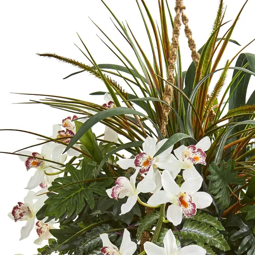 Vista 3 de Nearly Natural Cymbidium Orchid and Mixed Greens - Cesta colgante de plantas artificiales de 29 pulgadas