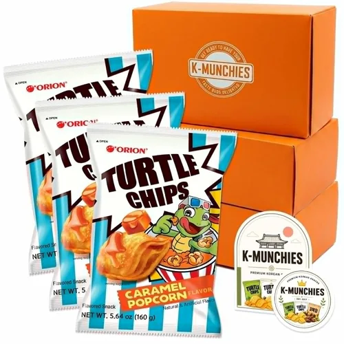 Vista 8 de K-Munchies Orion Turtle Chips – Bolsa grande de 3 x 160 gramos de sabor a caramelo con sabor a palomitas de maíz, chips coreanos grandes