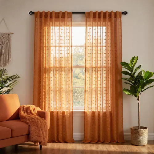 Vista 35 de Cortinas negras KOUFALL de 45 pulgadas de largo para ventana de cocina, cortinas transparentes con pompones y textura de encaje bohemio con bolsillo