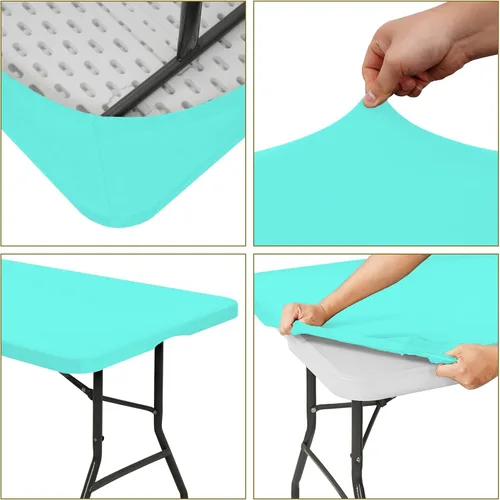 Vista 6 de 6 Pack de Manteles Ajustados para Mesas Rectangulares de 8 Pies, Cubierta de Mesa Aqua Azul Elástica para Picnic al Aire Libre, Paños de Mesa