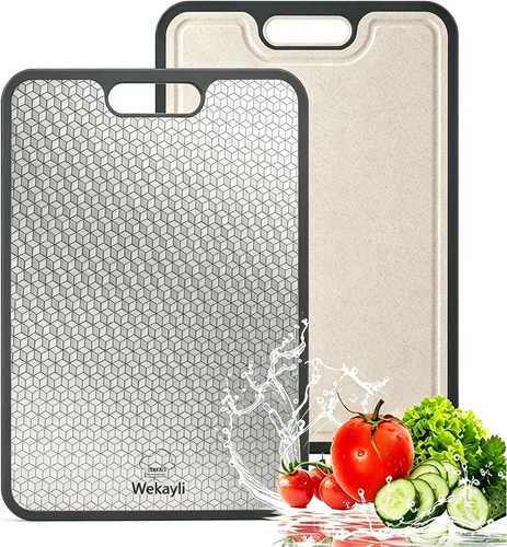 Vista 9 de Tablas de cortar de acero inoxidable para cocina, tabla de cortar 2 en 1 no tóxica de doble cara, tablas de cortar de grado alimenticio para carne