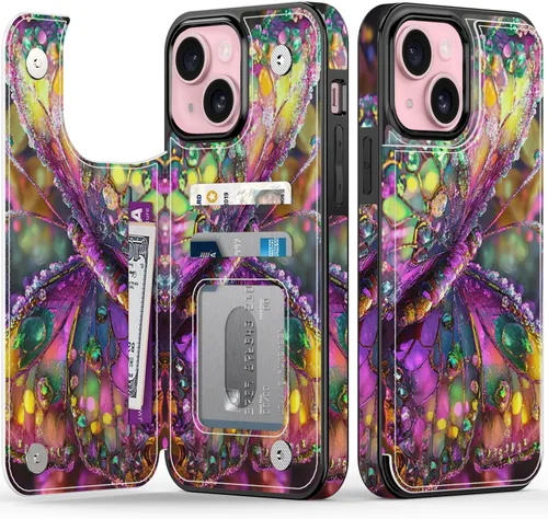 Vista 71 de FUNMIKO Funda tipo cartera para iPhone 13 con tarjetero, bloqueo RFID, protección de grado militar y obras de arte impresas con rayos UV, cierre