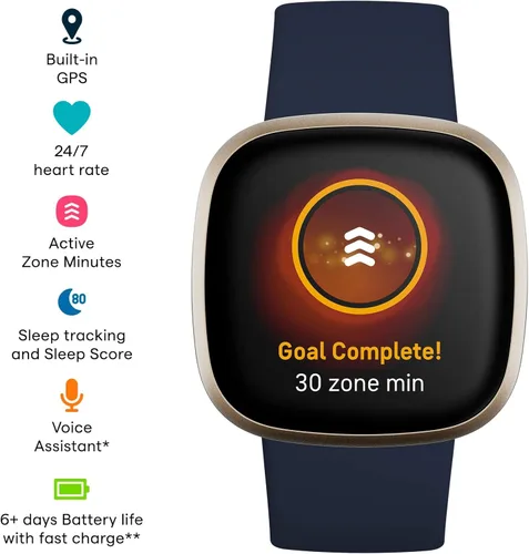 Vista 2 de Fitbit Versa 3 - Reloj inteligente de salud y fitness con GPS, frecuencia cardíaca 24/7, Alexa integrado, batería de más de 6 días, azul Azul