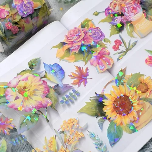 Vista 10 de Cinta washi de rosa para collage original de flores, creatividad, hecha a mano, para libro de diario, material PET con efecto láser (90387)