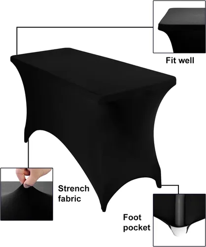 Vista 3 de Juego de 4 fundas de mesa impermeables de elastano de 4 pies, funda de mesa impermeable de elastano de 4 pies para fiestas, bodas, banquetes y Negro