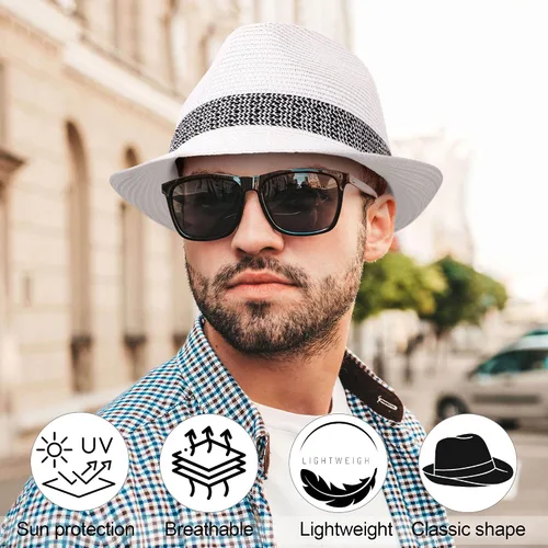 Vista 5 de Livingston Sombrero de paja Fedora para mujeres y hombres, plegable y plegable estilo Panamá Trilby Panamá sombrero de playa de verano