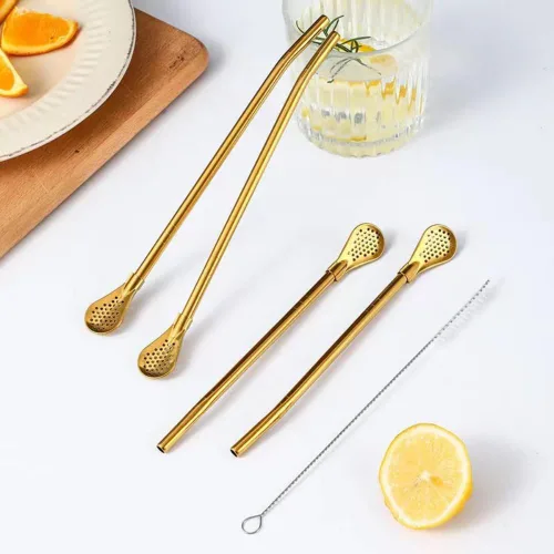 Vista 7 de 8 popotes de yerba mate, de acero inoxidable reutilizables dorados, cucharas con cepillo de limpieza para pajitas