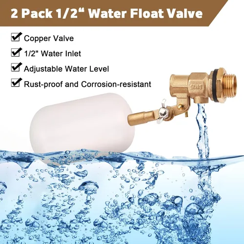 Vista 3 de Válvula de flotador de agua de 1/2 pulgada, válvula de bola flotante de latón con brazo ajustable, llenado automático y válvula de control de nivel
