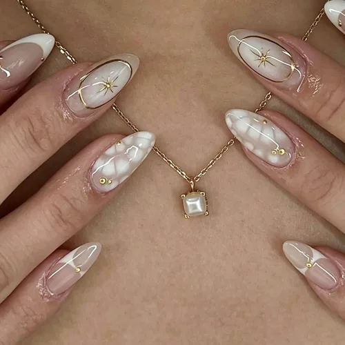 Vista 13 de evpct Uñas a presión bohemias 3D Nude con diseño de estrella dorada y 30 estrellas 3D de estilo bohemio