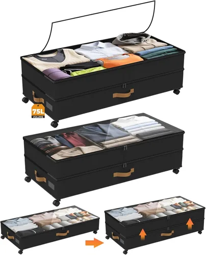 Vista 12 de Almacenamiento Debajo de la Cama con Ruedas Paquete de 4, 75L XXL Contenedores de Almacenamiento Debajo de la Cama Grandes, 30 cm de Alto