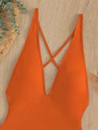 Vista 4 de SHENHE Traje de baño de una pieza con cuello en V profundo y espalda cruzada para mujer