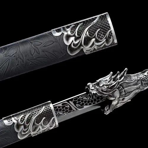 Vista 4 de Espada china de la dinastía Tang Dao de acero al carbono, hoja recta afilada, katana con patrón de dragón, funda
