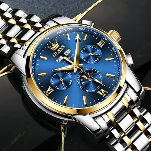 Vista 5 de OLEVS Automatic Mechanical Watches for Men Self Winding no Battery Stainless Steel Strap Luxury Moon Phase Luminous Waterproof Wrist Watch
