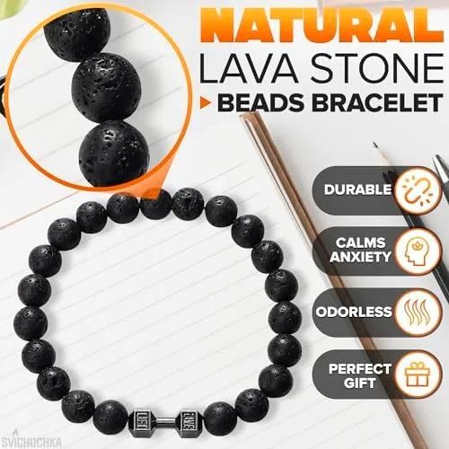 Vista 3 de Lava Beads Gym Bracelets for Men - 8mm Lava Rock Bracelet Natural Stone, Men Stretch Bracelet Bead Bracelet for Women- Alloy Dumbbell Bracelet