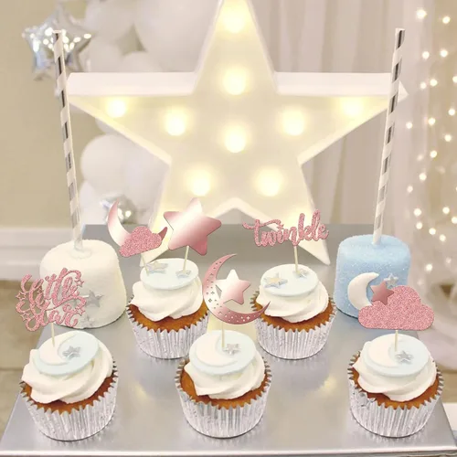 Vista 5 de Gyufise 24 piezas de decoración de cupcakes con purpurina de luna, nube, decoración de tartas de estrellas parpadeantes, baby shower, niños, Oro