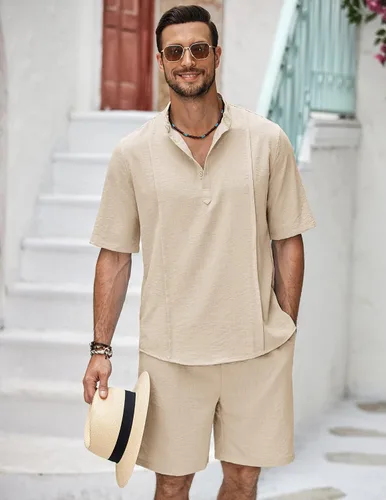 Vista 3 de COOFANDY Conjunto de 2 piezas de lino para hombre, camisa Henley de manga corta y pantalones cortos para verano, playa, yoga, trajes a juego