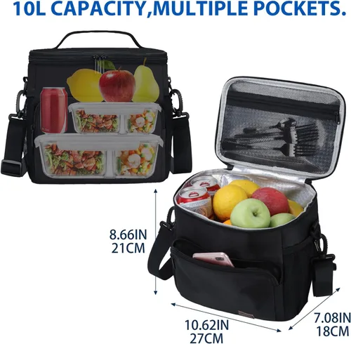 Vista 4 de Gloppie Fiambrera para hombres Bolsa de almuerzo para mujeres, a prueba de fugas almuerzo refrigerador bolsa negro gran almuerzo térmica