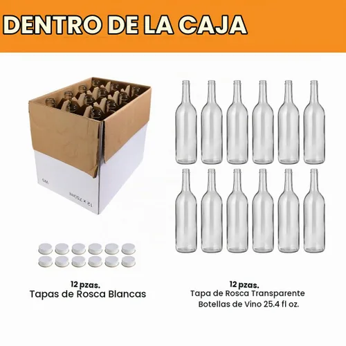 Vista 2 de Botellas de vidrio transparente de 25.4 fl oz con tapas, paquete de 12 unidades W5 Burdeos, tapones de rosca blancos