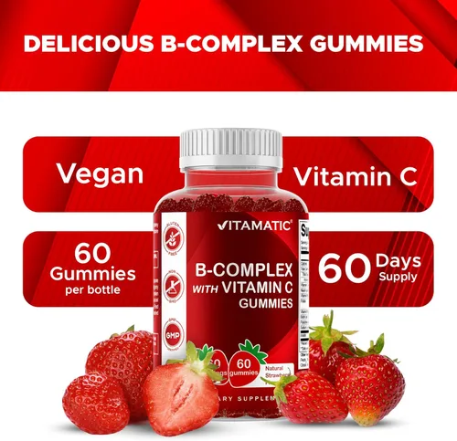 Vista 4 de Gomitas de complejo de vitamina B Vitamatic con vitamina C e inositol - Sabor natural a fresa - 60 gomitas (1 botella)