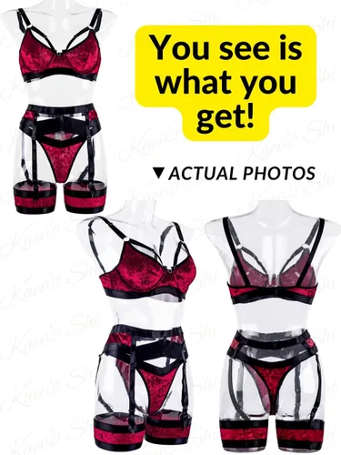 Vista 91 de Kaei&Shi - Lencería con liguero para mujer, conjunto de encaje traslúcido y sexy de 4 piezas combinadas