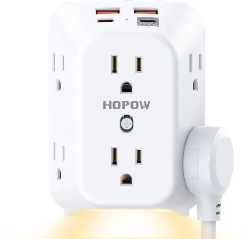 Vista 9 de USB Wall Charger Surge Protector, HOPOW 6 Outlet Extender with 4 USB Charging Ports (2 USB C), 3-Sided 1050J Multi Plug Wall Outlet, Wall Mount for