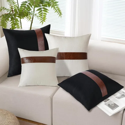 Vista 5 de OTOSTAR Juego de 4 fundas de almohada de lino con retazos de piel sintética de 20 x 20 pulgadas, decoración de granja a rayas, modernas, fundas
