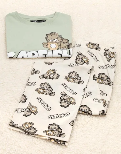 Vista 6 de Garfield Pijama para mujer Camiseta verde perezosa para adultos y mujeres con pantalones largos color crema, mercancía de película