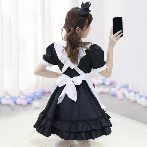 Vista 6 de QIGUANDZ Disfraz Kawaii dulce para mujer, vestido a cuadros, vestido de anime, sirvienta francesa, vestido de cosplay, delantal, banda