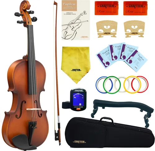 Vista 14 de CRAFTEEM 1/2 Conjunto de violín negro premium hecho a mano para principiantes, adultos y niños con cinta adhesiva para dedos de 5 colores - Violín