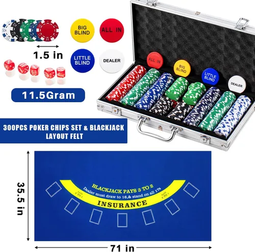 Vista 3 de Aoriher Juego de Casino de Blackjack, incluye 300 fichas de póquer, fieltro de casino, 1 barajador automático de cartas, zapato repartidor de 6