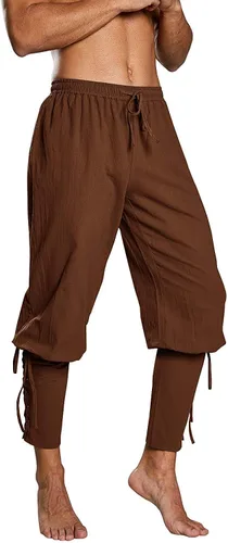 Vista 3 de Pantalones de tobillo medievales para hombre, disfraz de pirata vikingo, renacentista, con cordones, con bandas cónicas, pantalones casuales